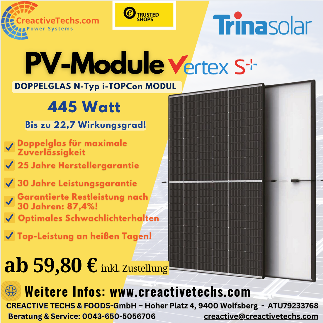 1.001 Traum-Aktion für Einzelzustellung: Photovoltaiikmodul/Solarmodul Trina 445W,1762×1134×30,21,1kg,22,3%,GlasGlas,TOPcon, PV-Modul, Photovoltaik, Solarmodul